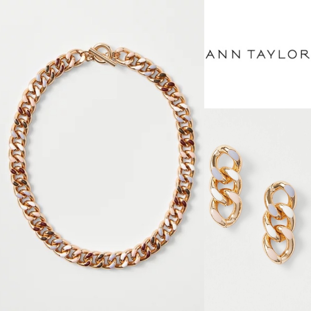 ANN TAYLOR ENAMEL CHAIN DROP EARRINGS AND MATCHING NECKLACE SET LUMINESCENT PINK